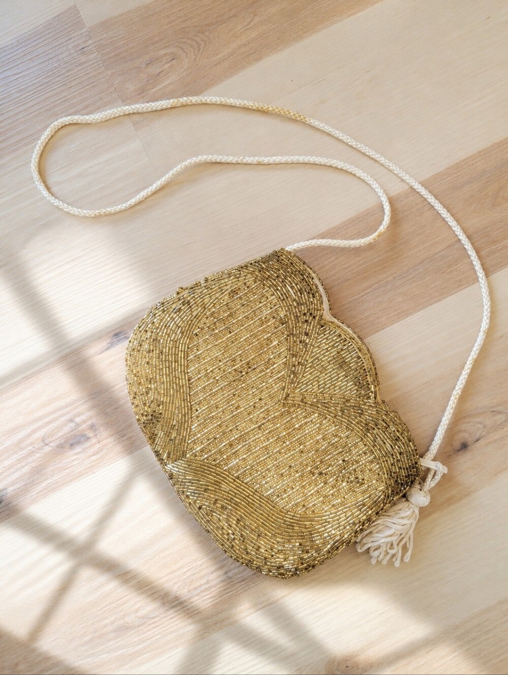 Vintage Rinco Gold Beaded Drawstring Evening Bag Art Deco Glam Purse